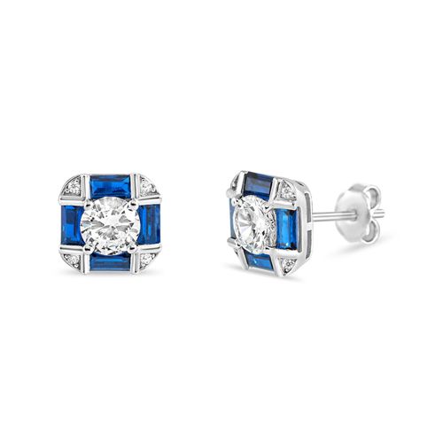 Sapphire-blue CZ Square 'Deco' Sterling Stud Earrings